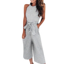 Jumpsuit til kvinder Sommer Casual Stribet Print Ærmeløs Rund Hals Snøring Lige Bukser Jumpsuit