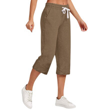 VERUGU Caprihose für Damen, Kordelzug, Größe L, einfarbig, lässig, vielseitig, locker, kurze Hose, braun, 3XL