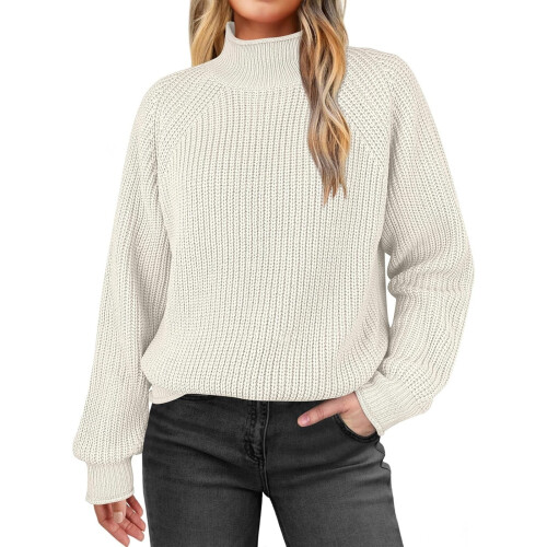 Trendige Damenpullover Herbst 2025: Rollkragenpullover, locker geschnitten, langärmelig, beige, Größe XL