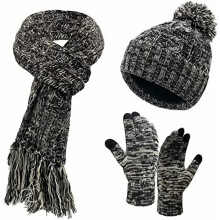 Winterse wollen fleece gebreide muts met pompon, warme lange neksjaal en touchscreen handschoenen set, cadeau voor vrouwen, winterkleding