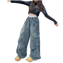 8-16 Jahre Mädchen Cargo-Jeans Sportliche Jeans mit weitem Bein, einfarbig, mittelhoher Bund, lockere Arbeitshose mit Tasche