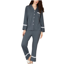 2-teiliges Damen-Pyjama-Set, bestehend aus einem langärmeligen Oberteil mit V-Ausschnitt und einer Hose, Nachtwäsche-Set mit Taschen, Größen S-2XL