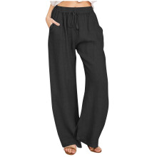 Women's Relaxed Fit Wide Leg Cotton Linen Slacks, Elastic Waist – Compatible with Work & Casual Wear