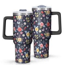 Cupán Inslithe 40oz Pioneer Flower Print Floral Pattern le Láimhseáil, Clúdach agus Tuí atá Cruthúnas Sceite Saor ó BPA, Folúsghlantóir