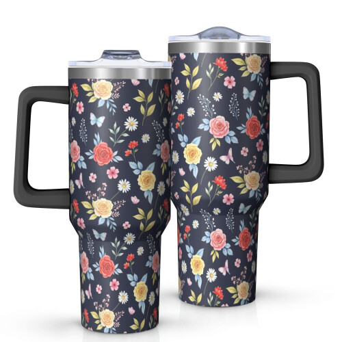 Ποτήρι Pioneer με 40oz, μονωμένο με λαβή και σχέδιο λουλουδιών, καπάκι και καλαμάκια