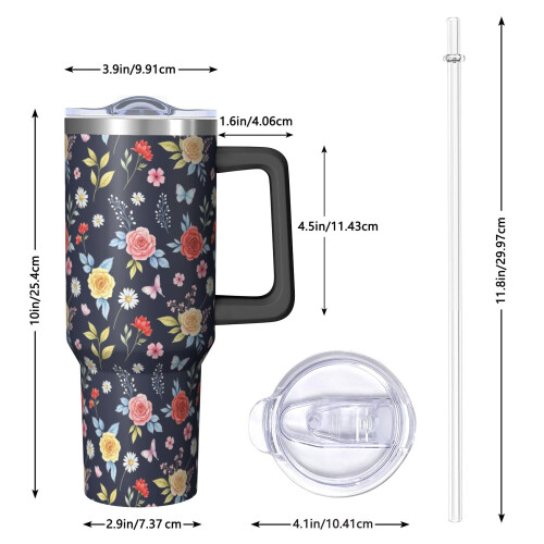 Ποτήρι Pioneer με 40oz, μονωμένο με λαβή και σχέδιο λουλουδιών, καπάκι και καλαμάκια 1