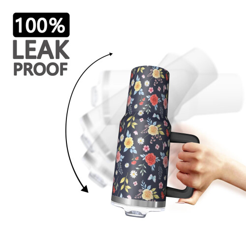 Ποτήρι Pioneer με 40oz, μονωμένο με λαβή και σχέδιο λουλουδιών, καπάκι και καλαμάκια 2