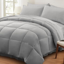 7-Pc Queen Comforter Set, Light Grey Bed in a Bag – 1 Comforter, 2 Shams, 2 Pillowcases, 1 Flat & 1 Fitted Sheet