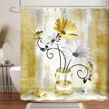 Rustikaler Duschvorhang im Landhausstil mit gelben Gänseblümchen und Schmetterlingen, 70 x 84 Zoll, inklusive 12 Haken – kompatibel mit