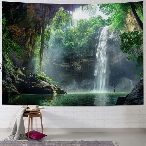 Wandteppich mit Berghöhlenmotiv, Waldlandschaft, Wasserfall – ideal für Schlafzimmer oder Studentenwohnheim.