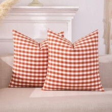 Housses de coussin décoratives à carreaux vichy orange brûlé, 45 x 45 cm, lot de 2. Décoration automnale à carreaux Buffalo, style ferme.