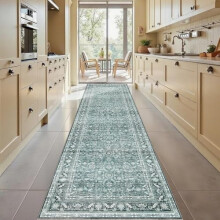 Vintage Teal 3x10 Runner Rug, Washable Non-Slip Low-Pile Faux Wool, Soft Distressed Indoor Mat for Kitchen, Hallway, Entryway