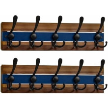 Porte-manteau mural rustique à 5 crochets triples, 42,9 cm (16,875 po), bois brun et bleu, collection Parcs nationaux de l'Ouest, lot de 2