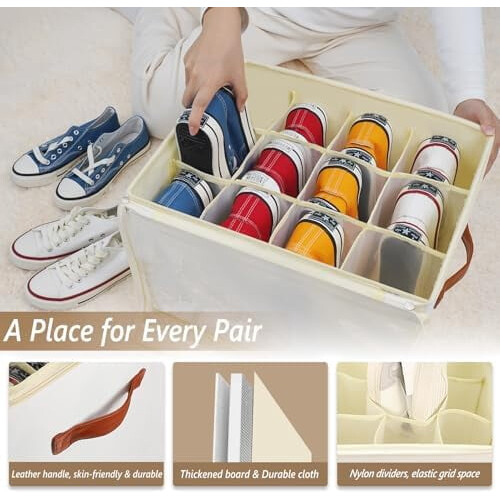 3-Pack Shoe Storage Box Organizer, 36-Cell Stackable Bin with Clear Lids, Foldable & Ottoman-Compatible 2