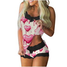 Ensemble pyjama femme pour la Saint-Valentin, débardeur sans manches à bordure en dentelle, short, tenue d'intérieur séduisante, tailles S à 2XL