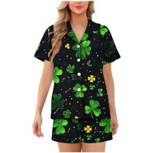 St. Patrick's Day pyjamaset voor dames, groen, 2-delig, korte mouwen, knoopsluiting aan de voorkant, melkzijden nachtkleding, elastische taille,
