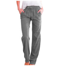 Damesbroek met hoge taille en wijde pijpen, casual broek met trekkoord en elastische tailleband, comfortabele lange broek met rechte pijpen en zakken.