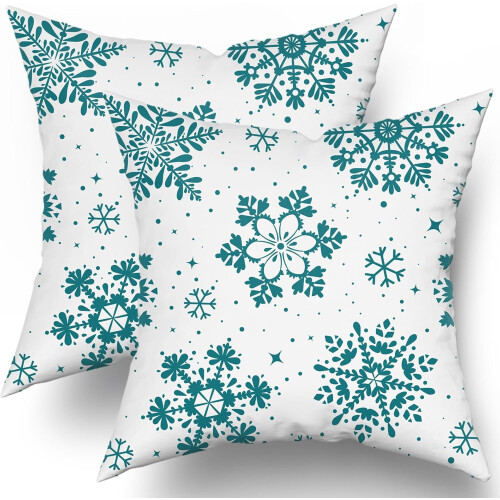 Conjunto de 2 capas de almofada com estampa de flocos de neve em tons de azul-petróleo e branco, 40x40cm (16x16 polegadas).