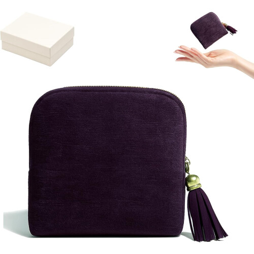 Estojo de joias em veludo roxo com 5 compartimentos e zíper.
