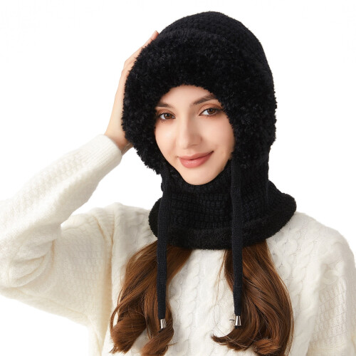 Gorro de tricô feminino 3 em 1 com cachecol de lã e máscara. 1
