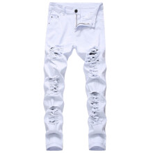Men's Jeans Pants Solid Color Autumn Denim Cotton Straight Ripped Hole Full Length Trousers Rigid Waist Skinny Pants