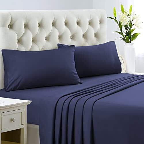 Ensemble de draps en microfibre extra doux à poches profondes, format Queen, bleu marine 1