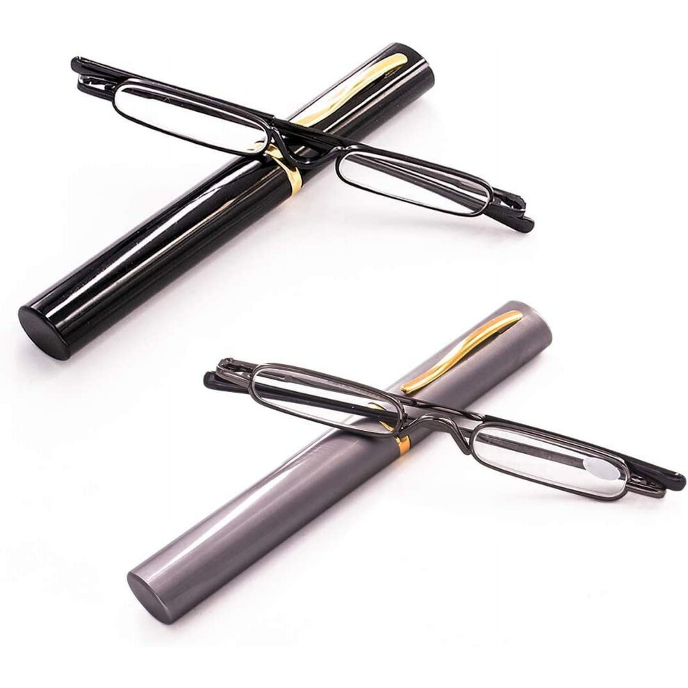 Slim Mini Metal Reading Glasses Compact Lightweight Portable Readers with Glasses Case for Reading Case,Black+Black+2.0
