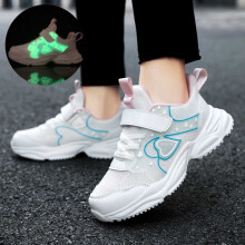 Luminous Heart-Printed Athletic Sneakers for Kids, Hook & Loop + Lace-Up, White, Size 10–10.5, Compatible with Toddler & Party Wear