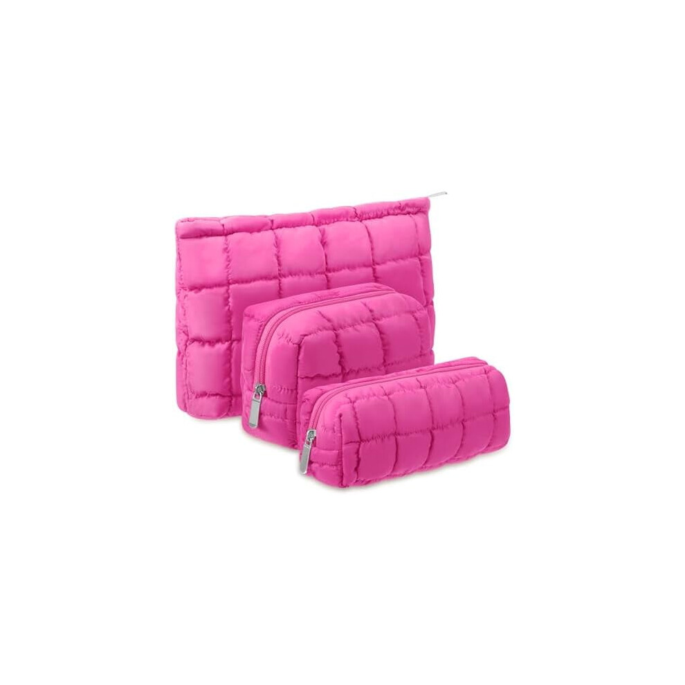 Pink 3 Pcs Hot Quilted Puffy Makeup Bag Set Â Cute Checkered Travel Toiletry Pouch, Puffer Organizer, Preppy Pencil Case With Zipper (Compatible
