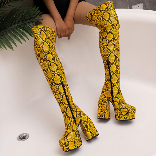 Γυναικείες ψηλές μπότες Patchwork Serpentine Platform Ultra High Heel με χειμερινές μπότες πάνω από 1