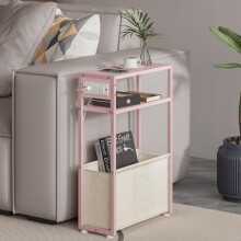 Roze smalle bijzettafel met Oxford-mand, 39 cm breed