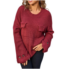 Pull en maille pour femme, col rond, coupe décontractée, en acrylique doux, poche avant, confort optimal, tailles S à XL