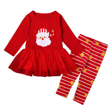 Weihnachtskleid und Leggings-Set für Kleinkinder – Langärmliges Baumwolloberteil, rot-weiß gestreifte Hose, Winteroutfit