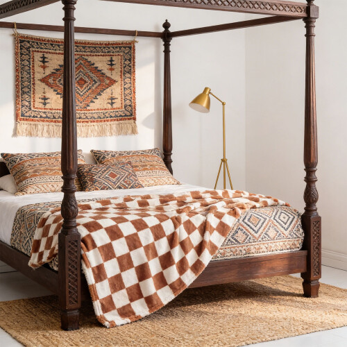 Brown checkered flannel throw blanket 39.37 x 27.56 in 1 pc 2
