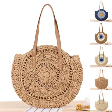 Ronde strandtas van stro, vintage handgemaakte geweven schoudertas, klassieke zomervakantietas, casual raffia ronde rotan tas, bohemian stijl