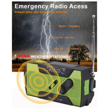 Nödväderradio Handvev Bärbar Solladdning med AM/FM/NOAA LED-Ficklampa SOS Alert 2000mah