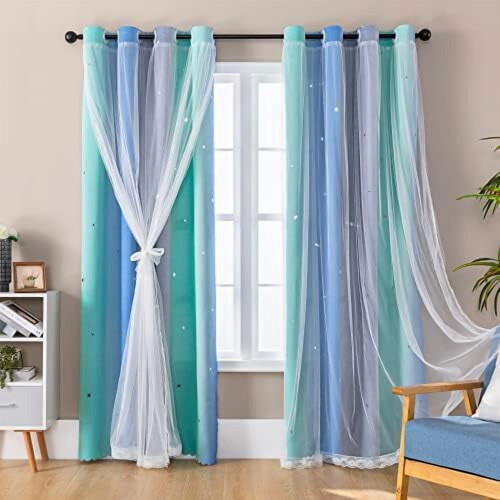 Κουρτίνες με μπλε-πράσινο γκρι Grommet 63" L, 2 πάνελ, με θέμα μονόκερος/πριγκίπισσα,