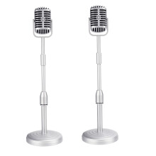 2X Vintage Desktop Microfoon Prop Model met Verstelbare Hoogte, Klassieke Retro Stijl Microfoonstandaard Fake Mic Prop,Zilver