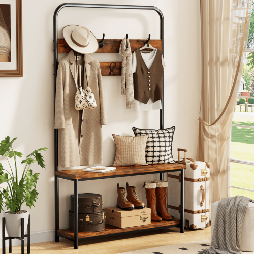Coat Rack Stand with Hooks Shoe Rack and Bench