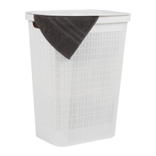 Kosz na pranie Slim 60L, kosz na ubrania, pokrywa, wzór pościeli, plastik, biały