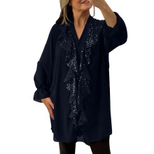 Camisa de manga larga para mujer Lulshou, estilo casual, color liso, cuello en V, tipo jersey con detalle de botones, azul marino, XXL