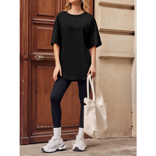 Γυναικεία oversized μπλουζάκια με χαλαρή γραμμή, κοντομάνικο μπλουζάκι με λαιμόκοψη 1