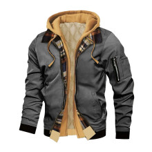 Geruite fleecejas voor heren, lange mouwen, casual, met capuchon, ritssluiting, gewatteerde voering, thermische jas, donkergrijs, M