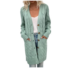Gebreid damesvest voor de herfst en winter, openvallend vest met knoopsluiting aan de voorkant, lange, effen basic vest met zak, mintgroen