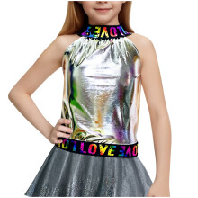 Kindertop, Performance-Mädchen-Top mit Heißprägung, leuchtendem Gesichts- und Buchstabenprint, schulterfreies Tanztop, ärmellose Bluse für