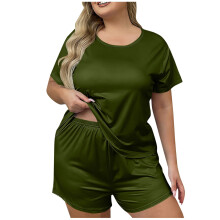 Damespyjamaset, grote maat, bedrukte top en lange broek, pyjamaset met korte mouwen en short voor dames.