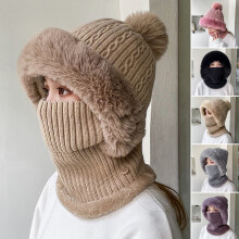 Kvinder One Piece Slouchy Fleece Beanie Hatte Tørklædemaske Varm Vinterstrikket Hue Tyk Kranie Skihue