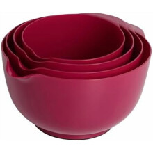 4-Piece Nesting Plastic Mixing Bowl Set (1.7–4.5qt) with Pour Spouts, Deep Carmine — Compatible with Standard Kitchen Tools