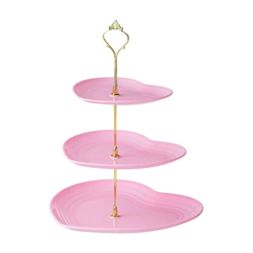 Soporte para postres de 3 niveles con forma de corazón, color rosa.