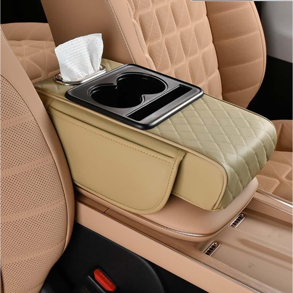 5-In-1 Car Armrest Cushion With Storage Bags, Cup Holder, Tissue & Phone Slots Â Compatible With Sedans Black/Beige/Gray 9377112488851